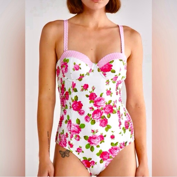 Betsey Johnson Other - Betsey Johnson Love Always Betsy floral roses one piece smocked swimsuit NWOT M